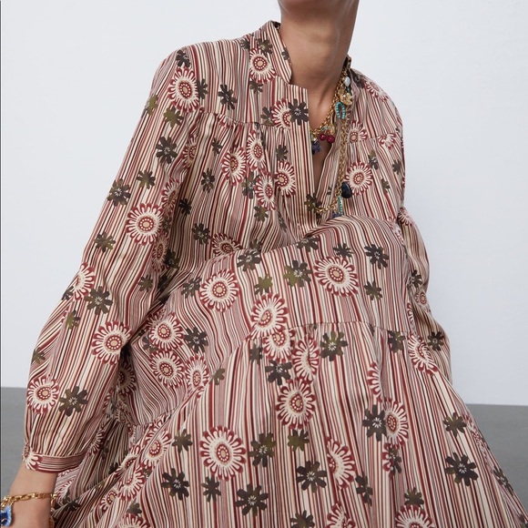 Red Camel Printed Floral Stripe Poplin Midi Dress - Picture 9 of 13